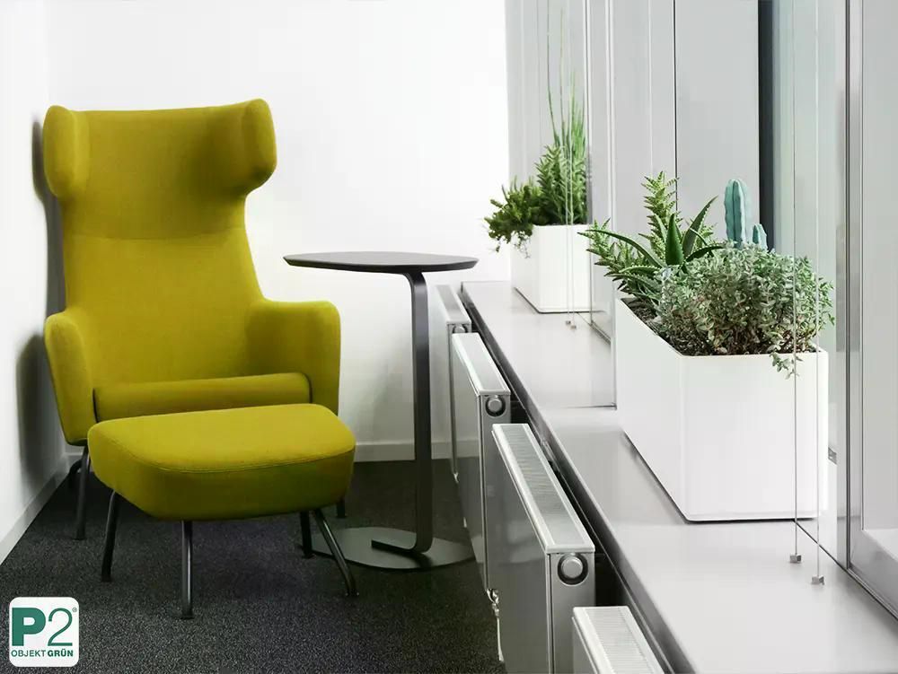 Moderner grüner Sessel mit Fußstütze in einem hellen Raum.