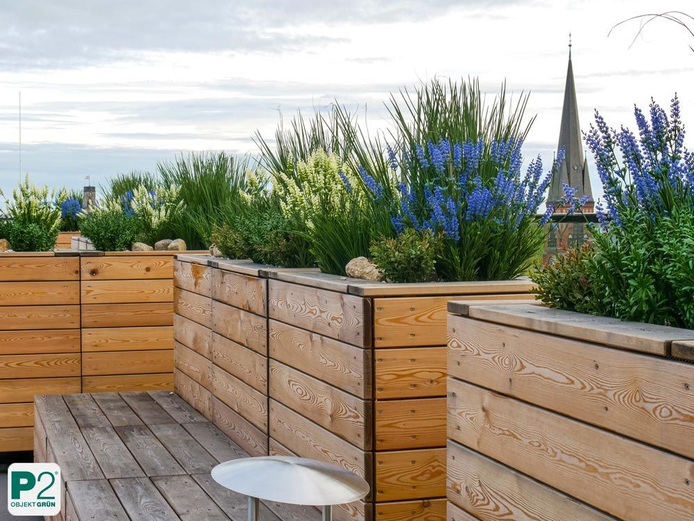 Holzpflanzkasten mit verschiedenen grünen Pflanzen und Blumen.