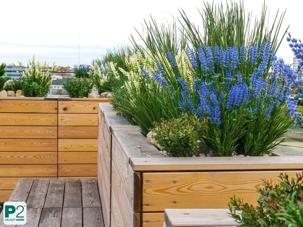Holzpflanzkasten mit verschiedenen grünen Pflanzen und Blumen.