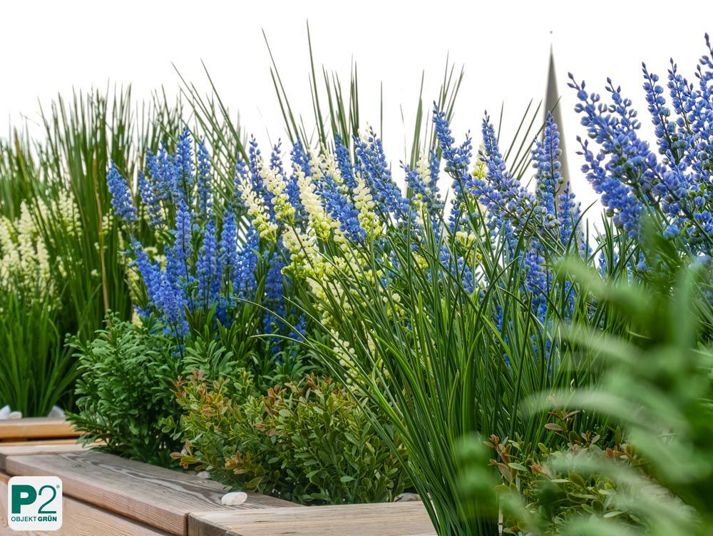 Buntes Blumenbeet mit blauen und grünen Pflanzen.