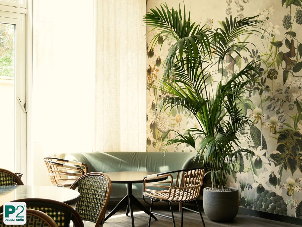 Gemütliche Sitzecke mit grüner Couch, Rattanstühlen und großer Topfpflanze vor floralem Wandbild