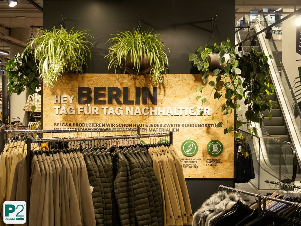 Modernes Modegeschäft mit Pflanzen und Kleidung