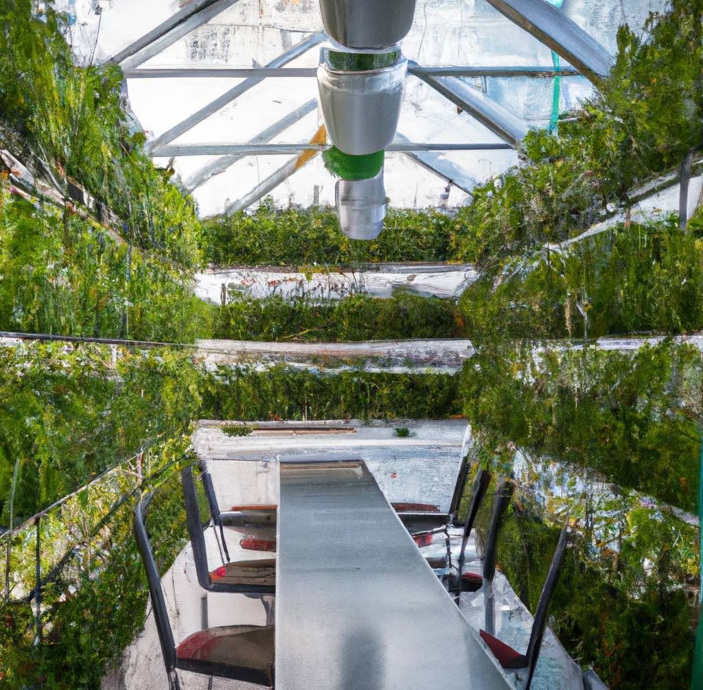 Innenansicht eines modernen Gewächshauses mit Pflanzen und einem Tisch.