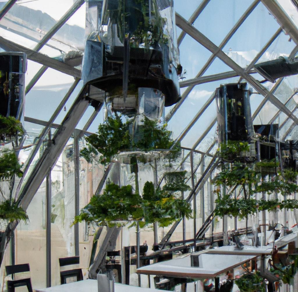 Innenansicht eines modernen Gewächshauses mit hängenden Pflanzen.