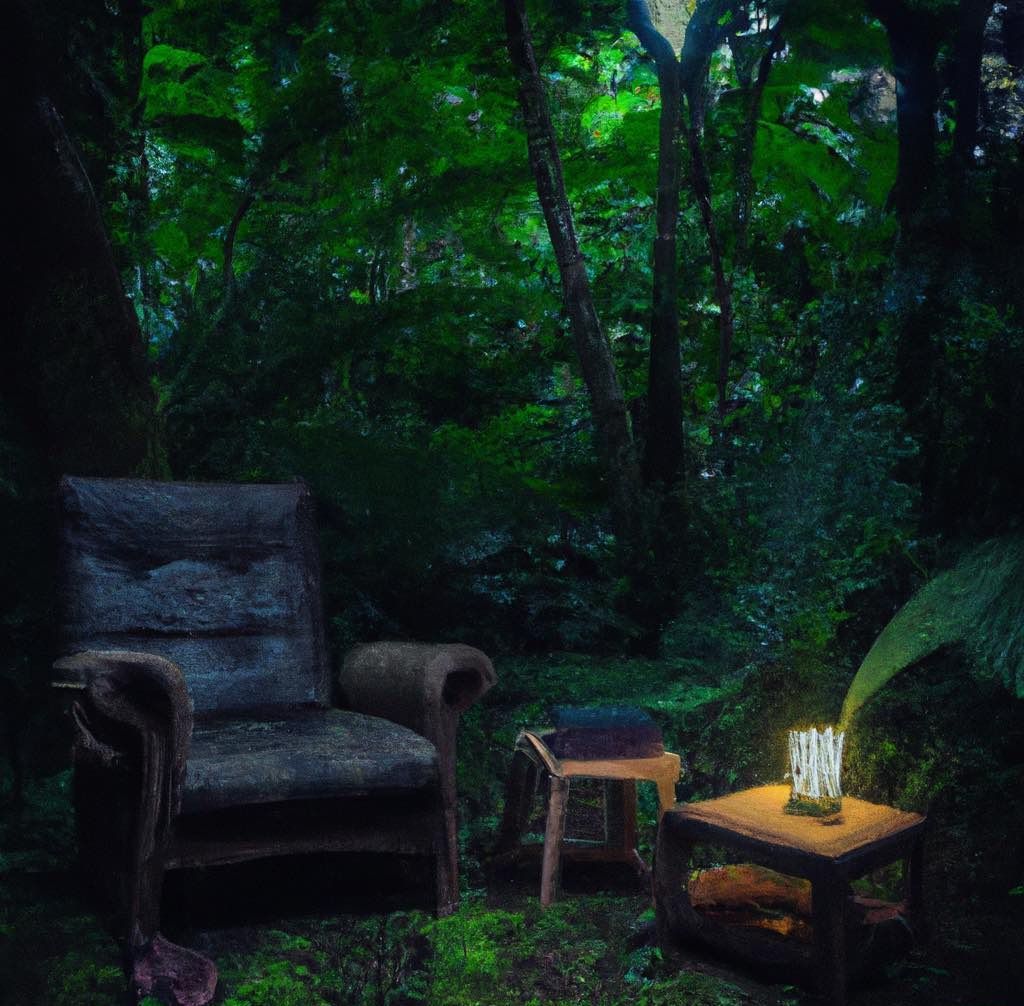 Ein gemütlicher Sessel und Tisch in einer grünen Waldumgebung.