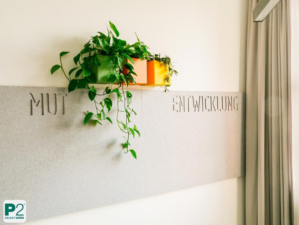 Grüner Pflanzenbehälter an Wand mit den Worten 'Mut' und 'Entwicklung'.