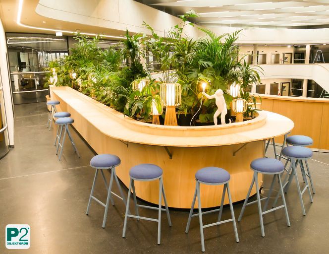 Runde Theke mit Barhockern, umgeben von üppigen Zimmerpflanzen in modernem Büro.