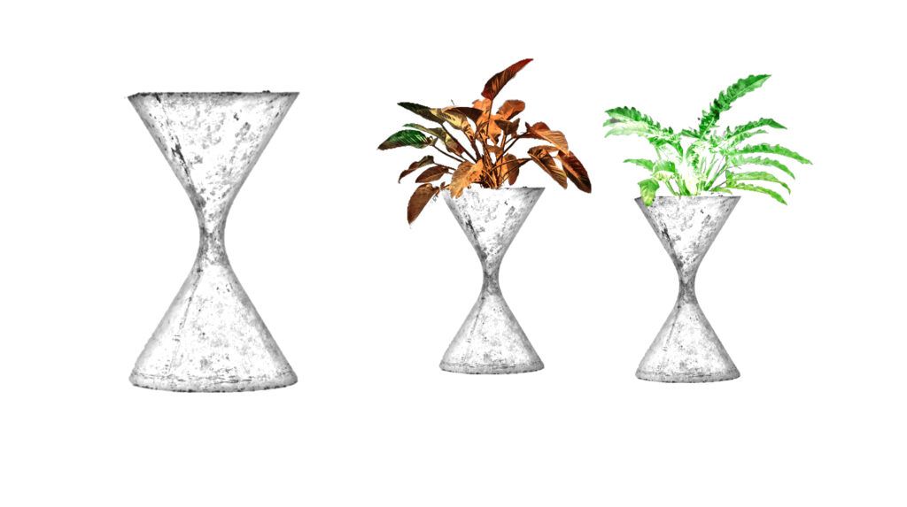 Illustration von drei durchsichtigen Vasen mit stilisierten Pflanzenzeichnungen.