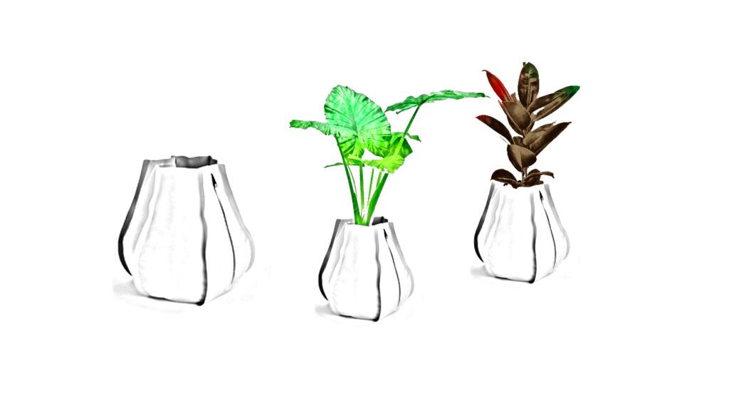 Illustration von drei durchsichtigen Vasen mit stilisierten Pflanzenzeichnungen.