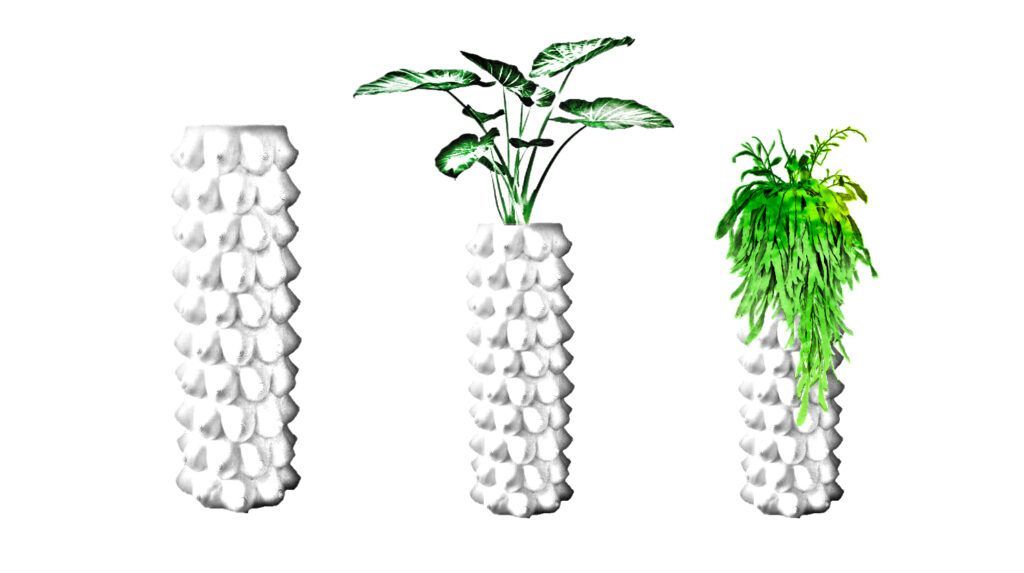 Illustration von drei durchsichtigen Vasen mit stilisierten Pflanzenzeichnungen.