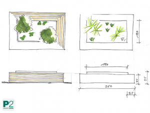 Skizze eines rechteckigen Pflanzgefäßes mit Bepflanzung und Maßen, Entwurf von P2 Objektform