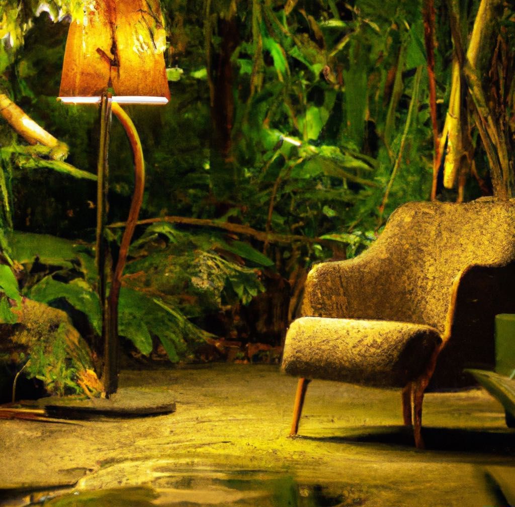 Gemütliche Ecke mit Lampe und Stuhl im Dschungel.