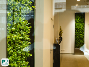 Modernes Büro mit grüner Pflanzenwand und dekorativen Elementen.