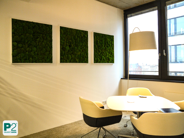 Modernes Büro mit Moosbildern an der Wand