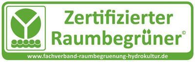 Grünes Zertifizierungslogo für „Zertifizierter Raumbegrüner“, das die Pflege von Hydrokulturpflanzen fördert.