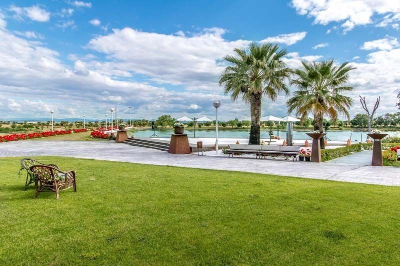 Un parque con palmeras y una piscina al fondo.