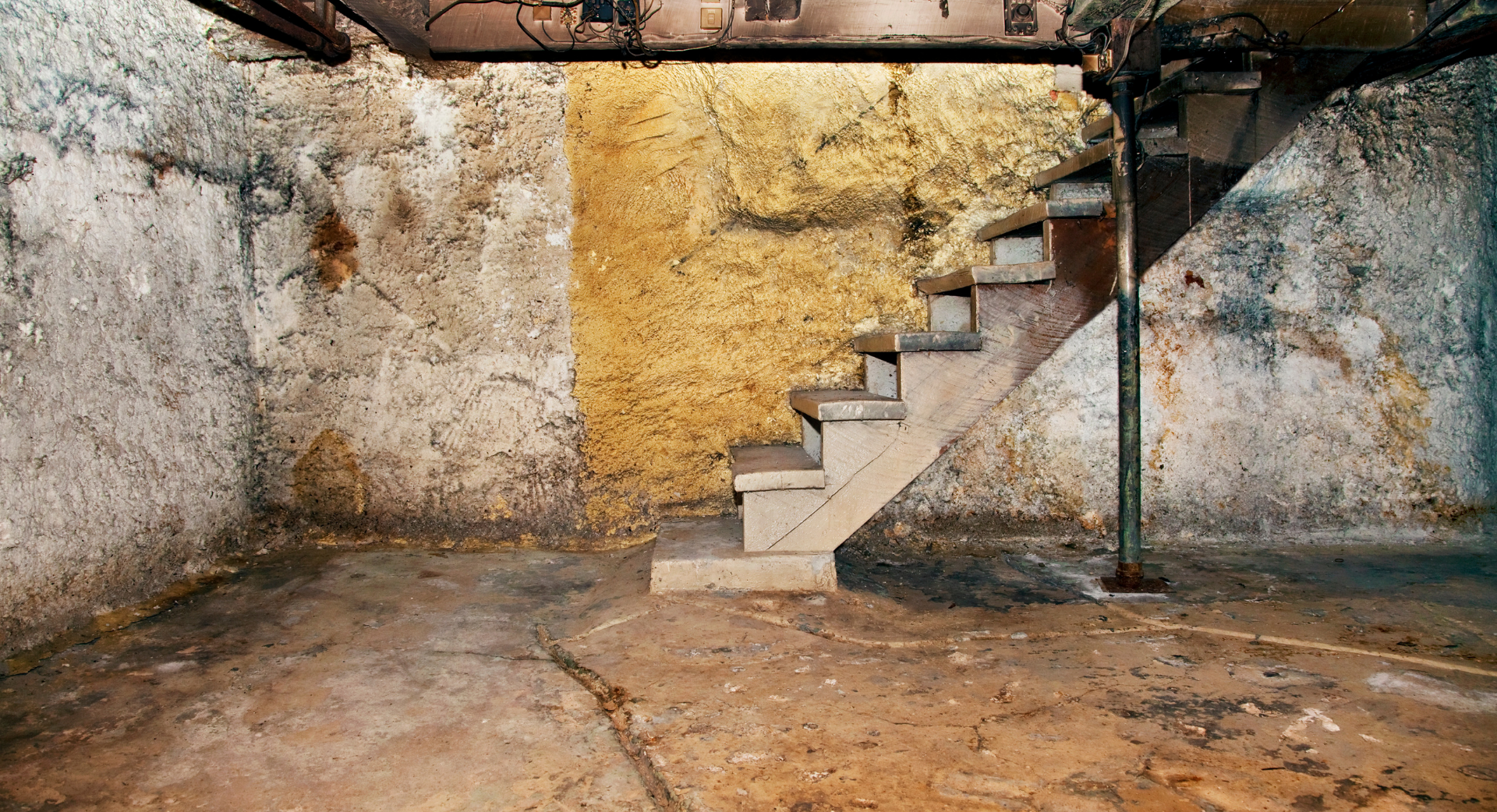 Sous-sol en béton avec escalier, isolation apparente, poutre de soutien et murs teintés.