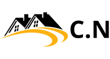 Un logo pour une société immobilière avec une maison et un tourbillon jaune.