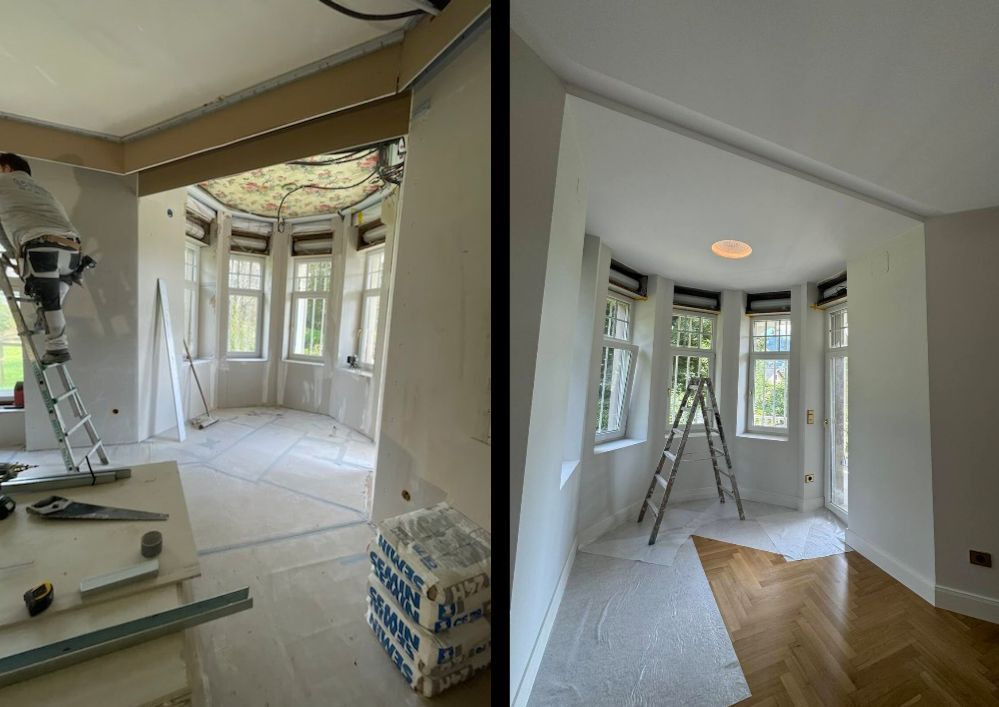 Photo avant et après de travaux de plâtrerie, pièce de vie avec murs blancs, grandes fenêtres et porte vitrée