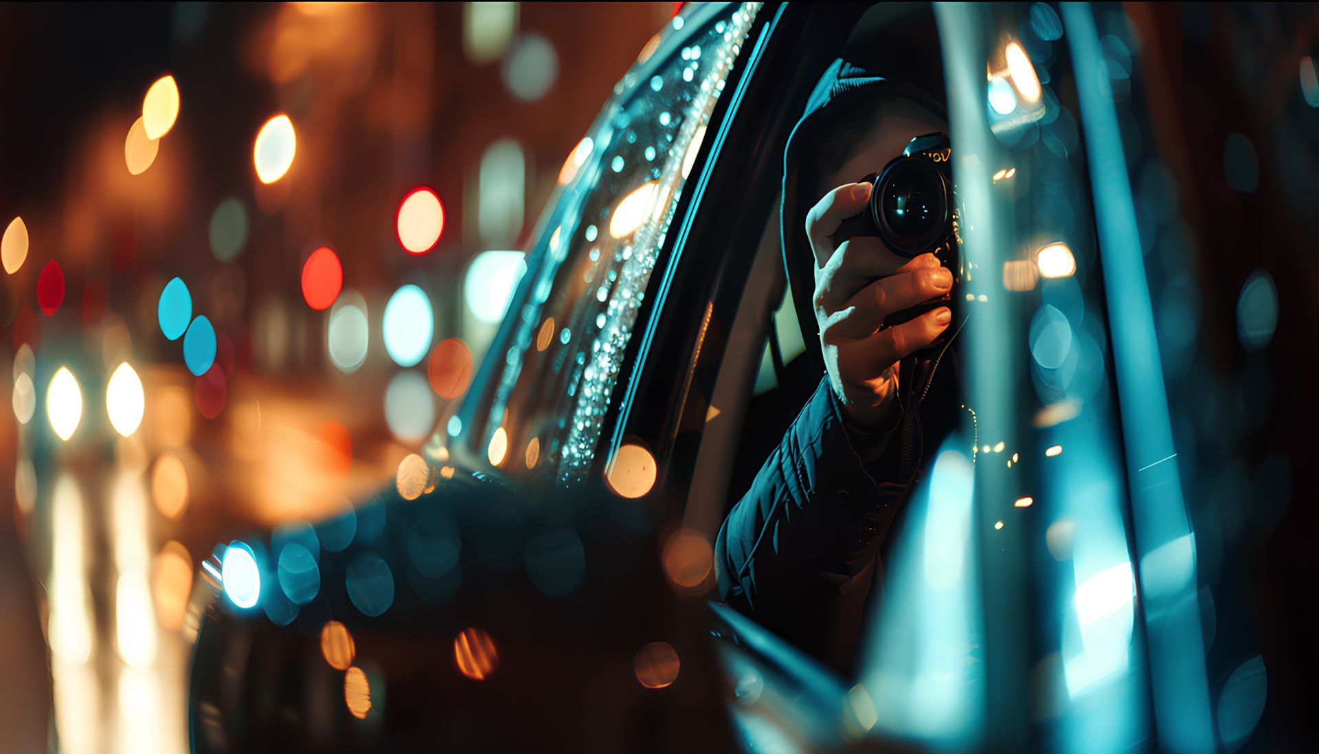 Une personne en veste à capuche tient une caméra depuis la fenêtre d'une voiture, de nuit, les lumières de la ville sont floues en arrière-plan.