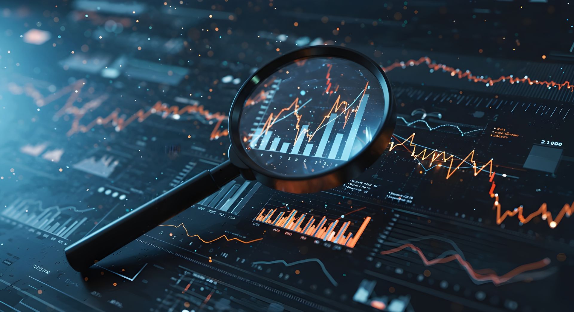 Loupe sur graphiques financiers, concept d'analyse de données.