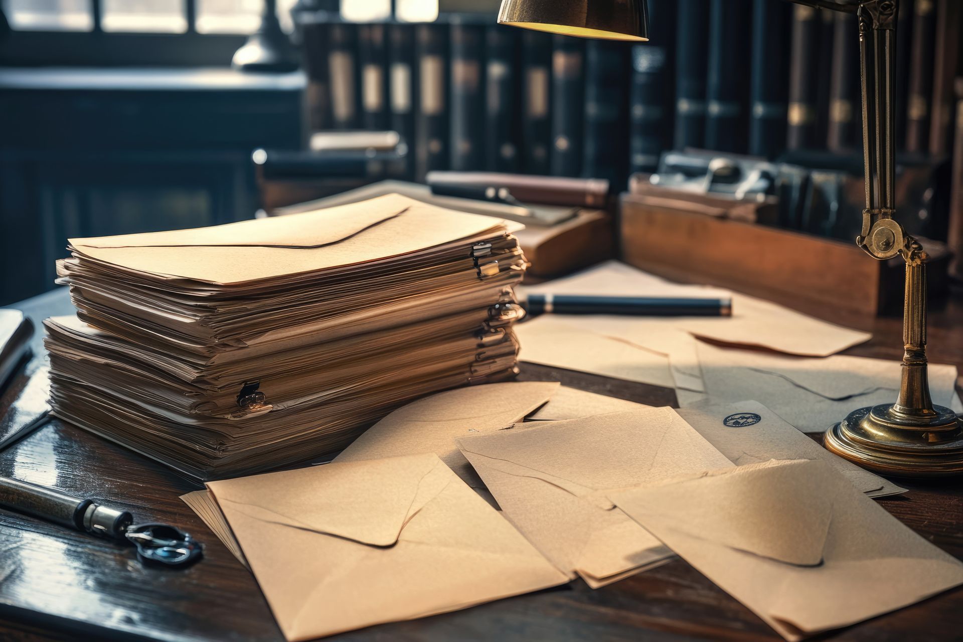 Bureau avec des lettres et des enveloppes empilées, lampe, stylo et livres dans un décor de bureau vintage.
