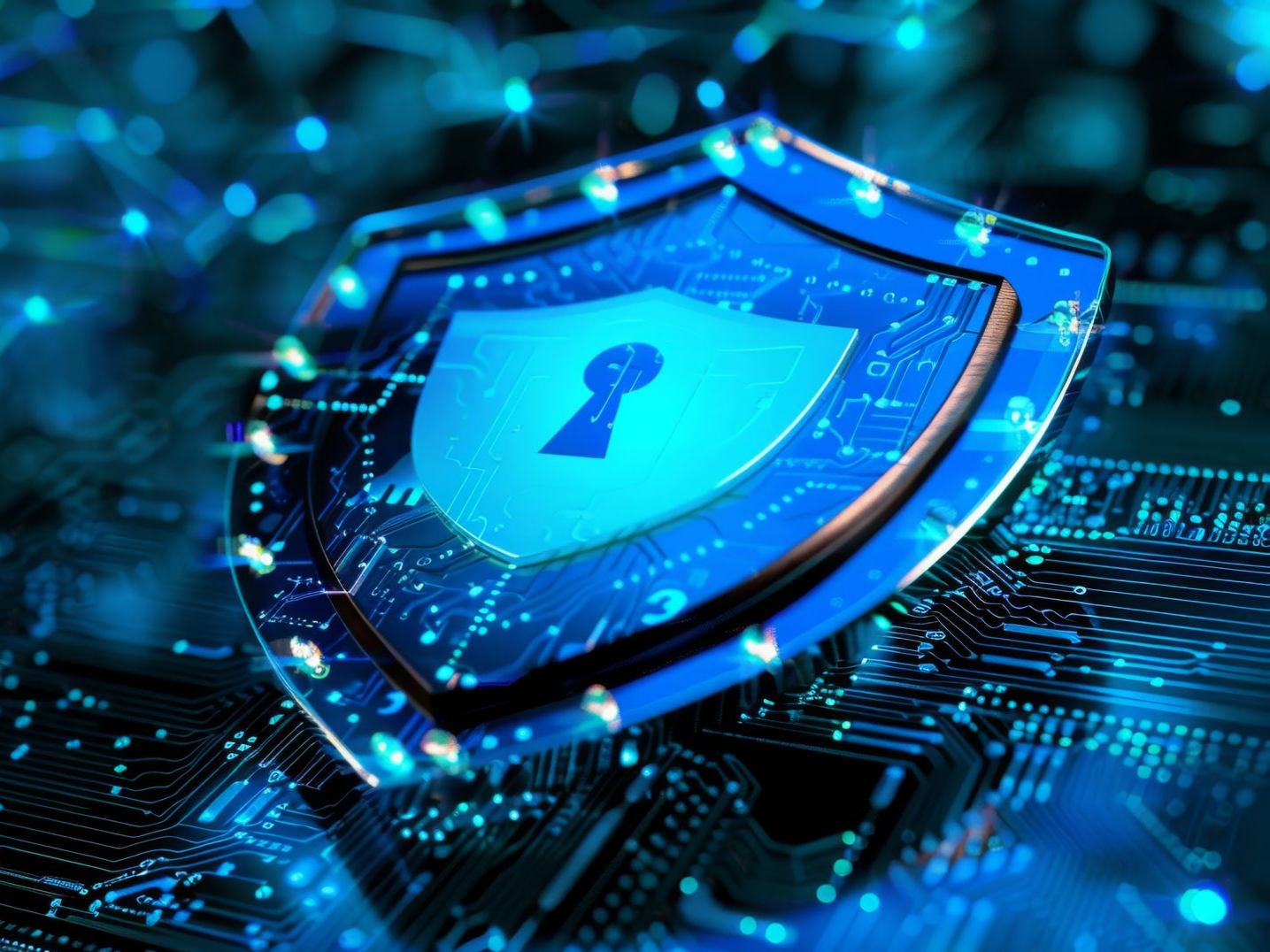 Bouclier numérique bleu avec trou de serrure, superposé à un circuit imprimé, symbolisant la cybersécurité.