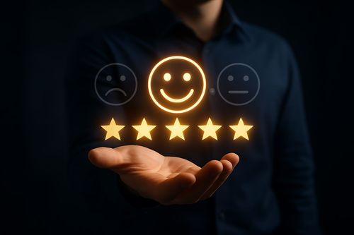 Une personne tenant un visage souriant illuminé et cinq étoiles, représentant les commentaires positifs des clients.