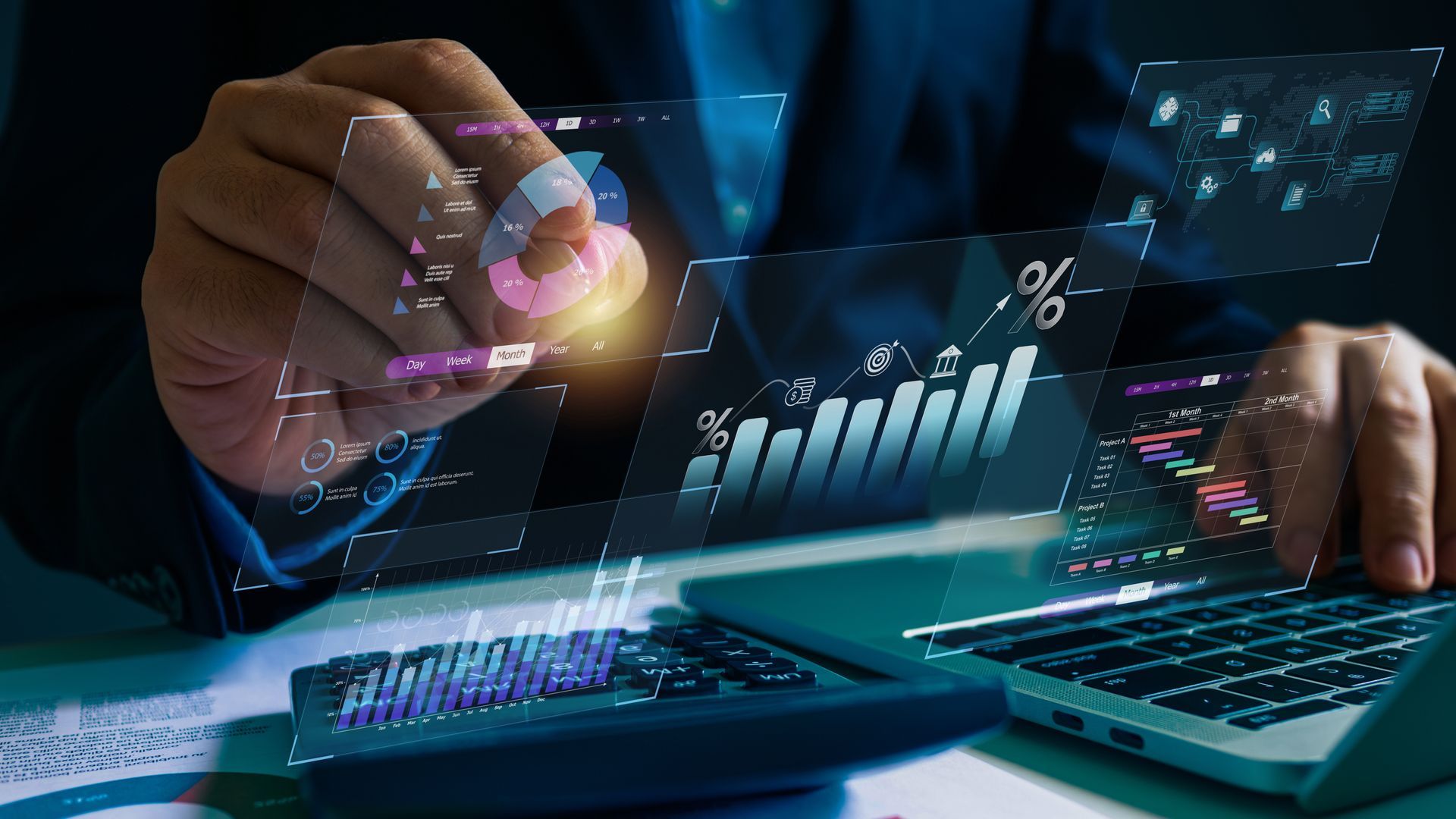 Les mains d'une personne manipulant des graphiques virtuels et un ordinateur portable, analysant des données, potentiellement à des fins d'analyse financière.
