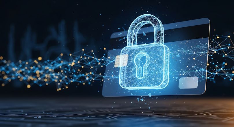 Carte de crédit avec cadenas lumineux, points de données en arrière-plan, symbolisant des transactions financières sécurisées.
