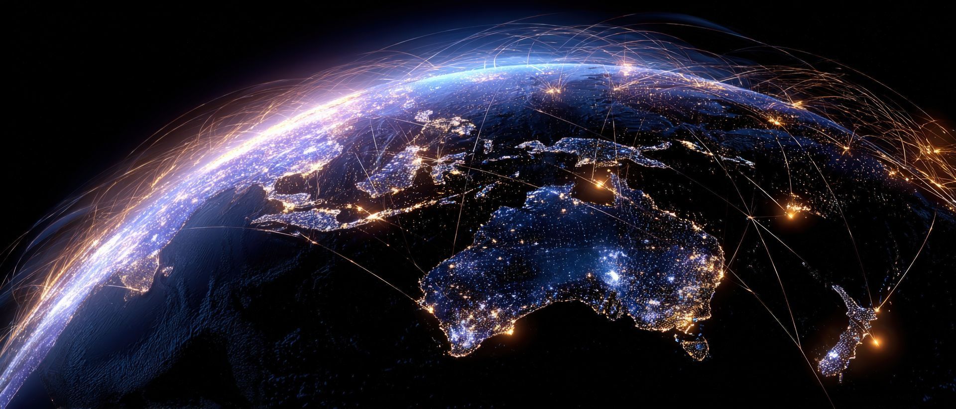 La Terre la nuit, avec les lumières de la ville et les lignes de connexion illuminées.