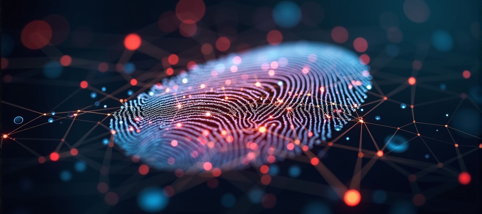 Empreinte digitale bleue avec des points rouges et bleus reliés sur fond sombre.