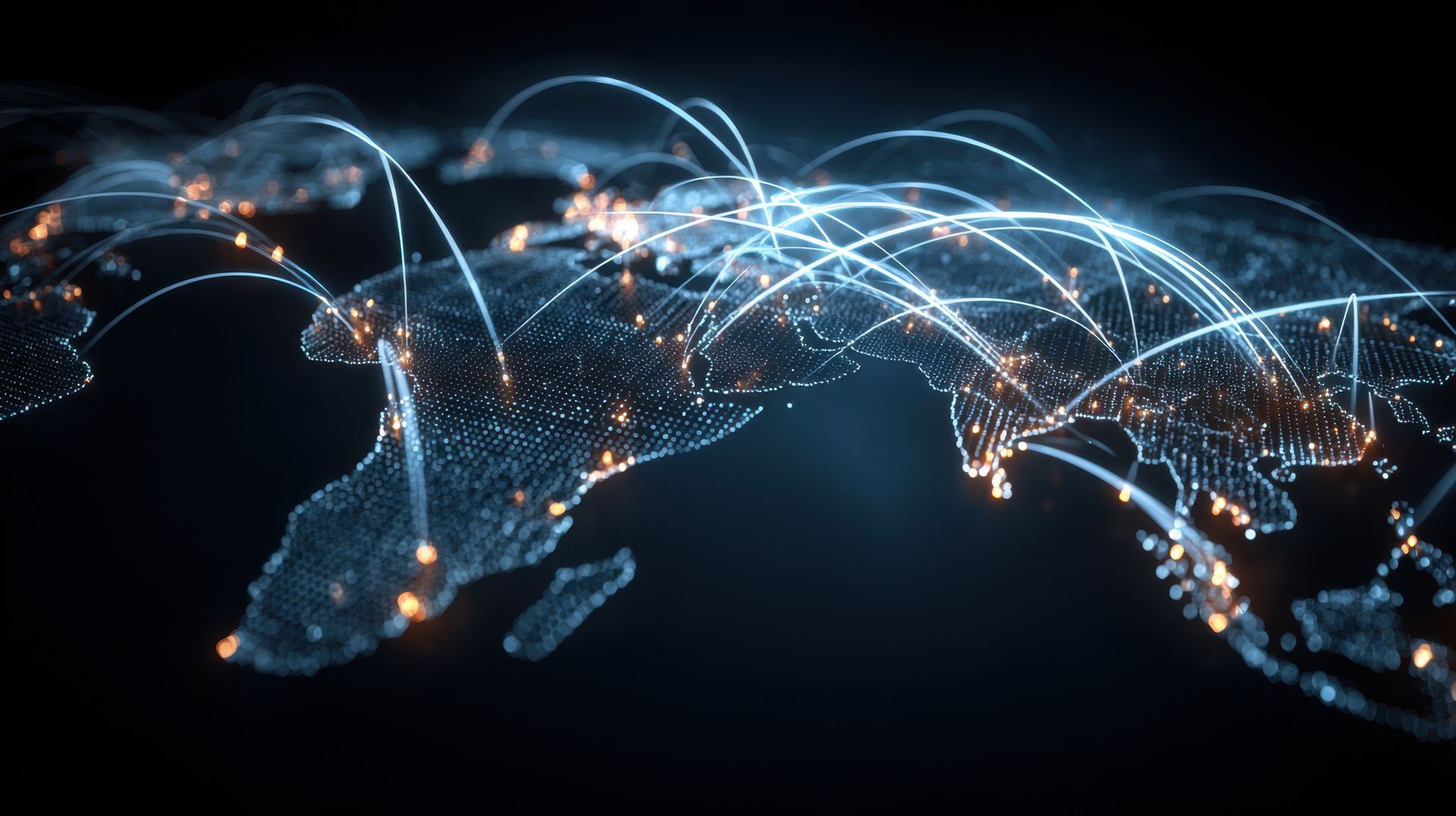 Carte du monde avec des lignes lumineuses reliant les principales villes, représentant le réseau mondial.