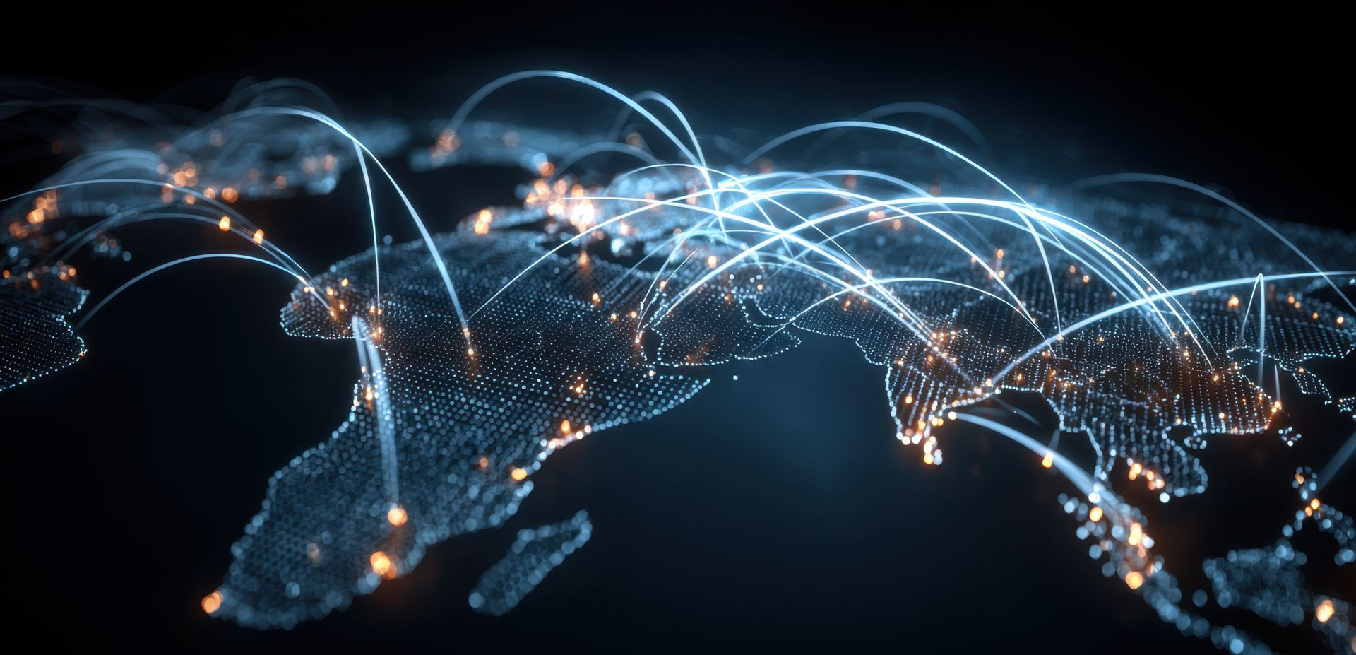 Des lignes lumineuses relient les grandes villes sur une carte du monde numérique sombre, représentant les réseaux mondiaux.