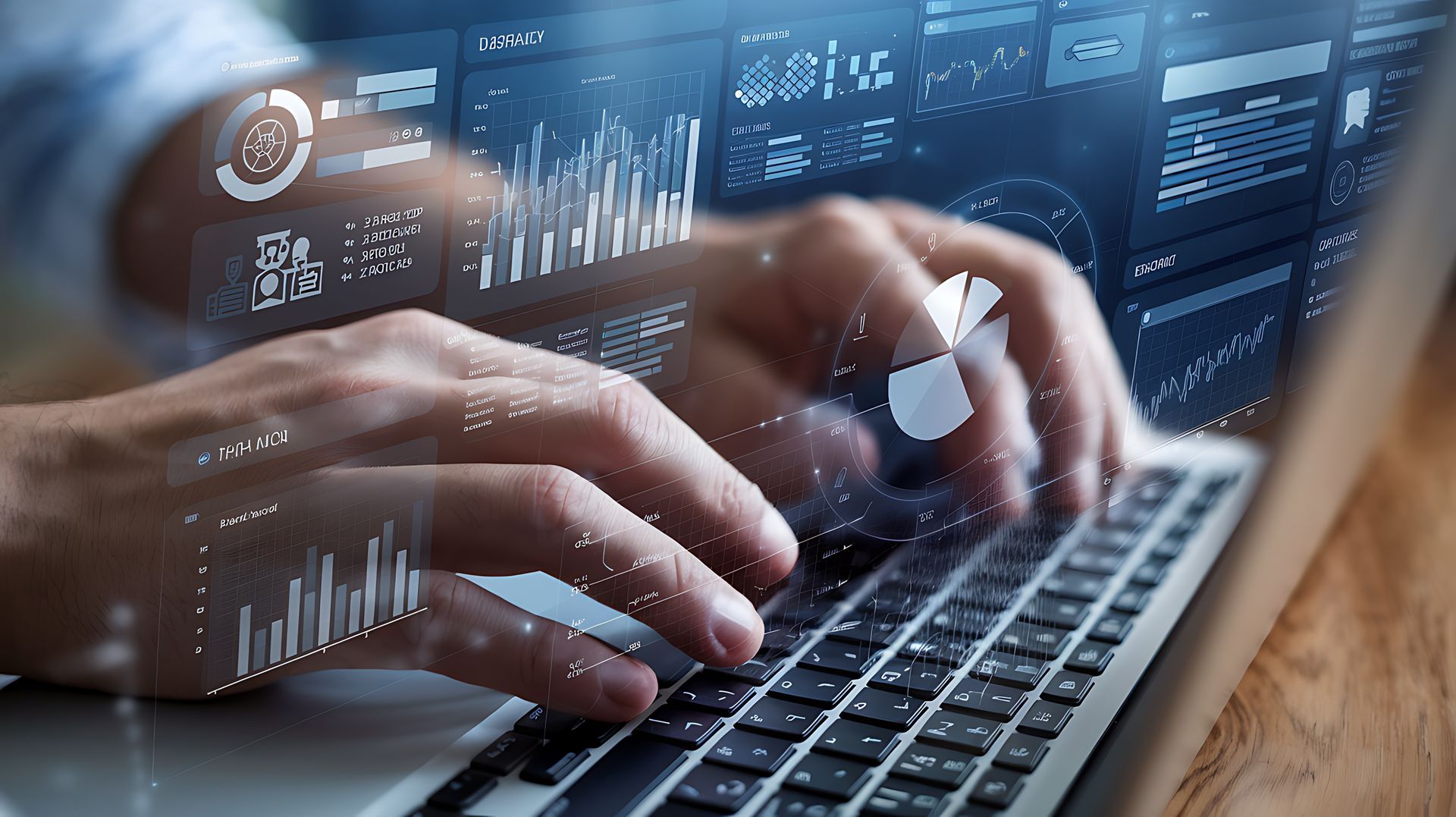 Des mains qui tapent sur un ordinateur portable avec des visualisations de données superposées ; des tableaux, des graphiques.