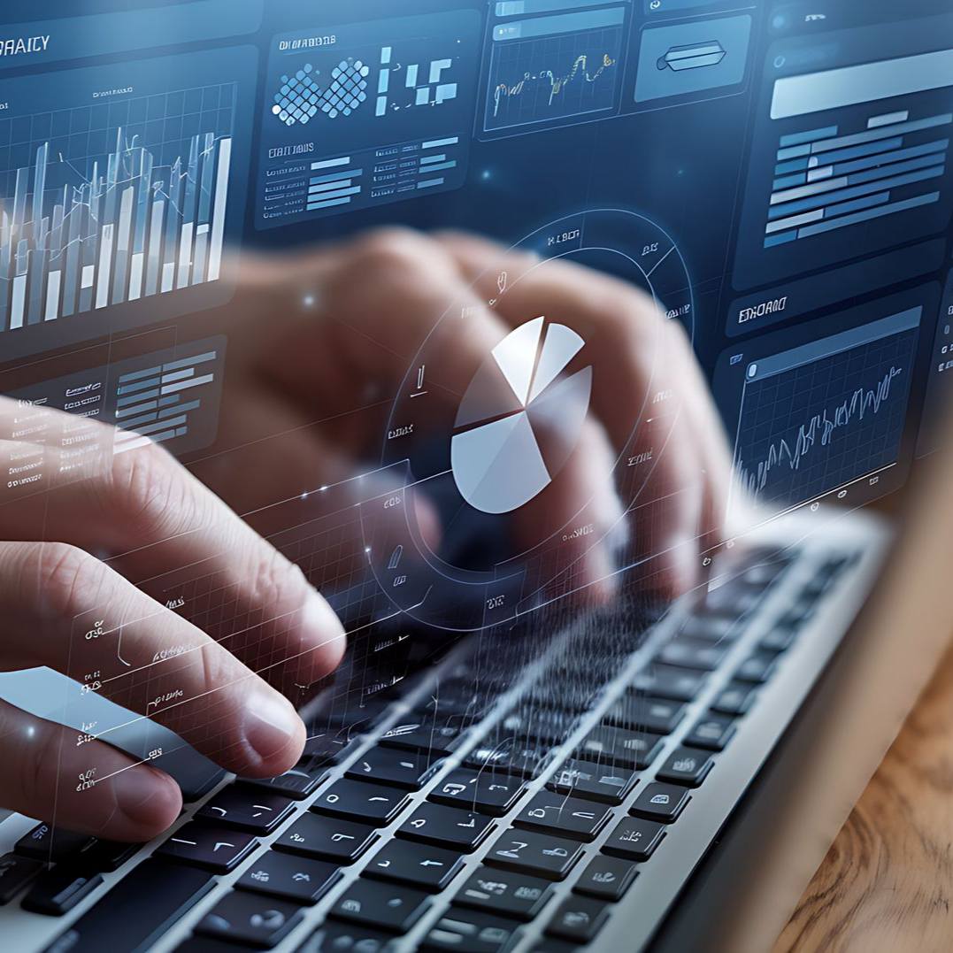 Des mains tapent sur le clavier d'un ordinateur portable avec des graphiques d'analyse de données superposés.