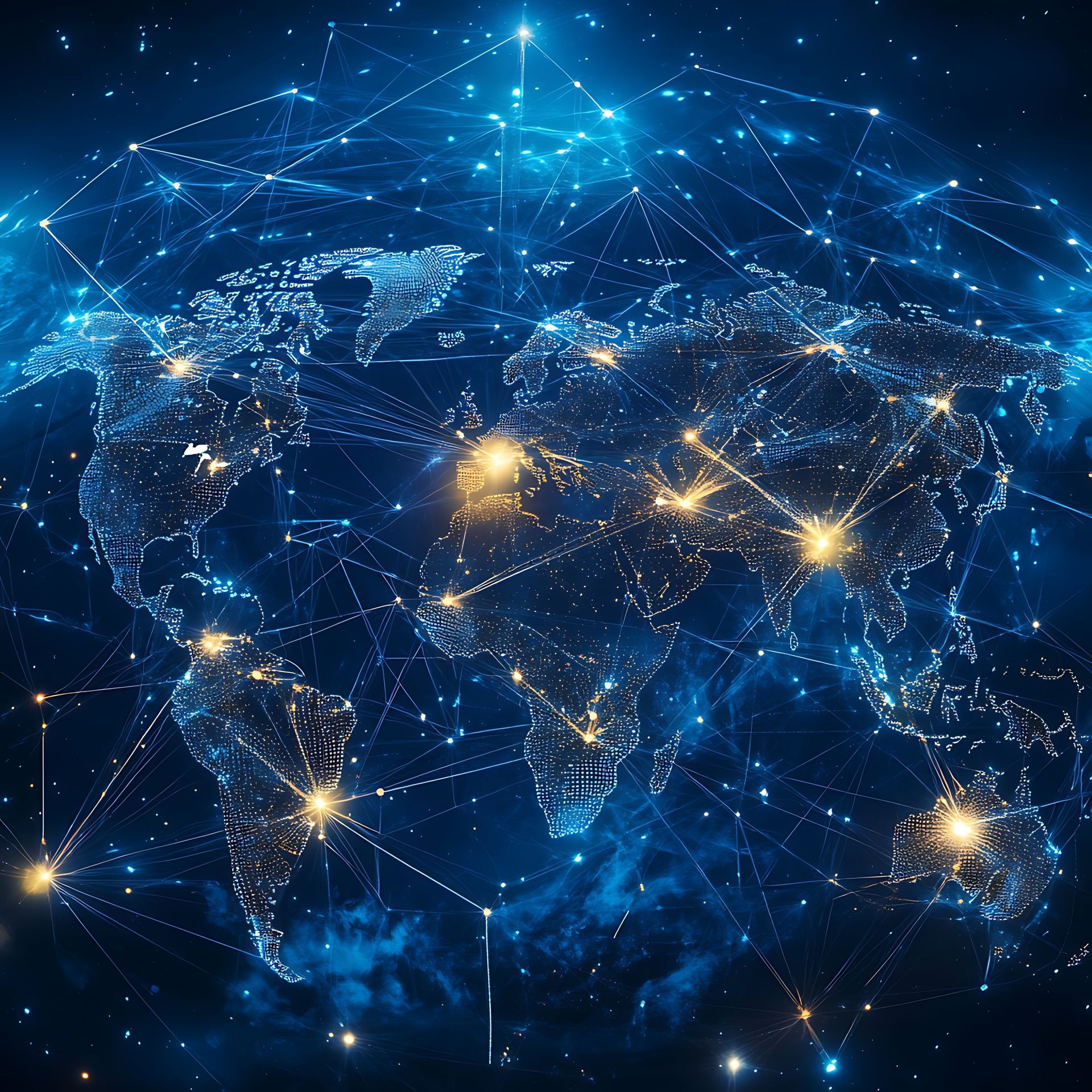 Carte du monde sur laquelle se superposent des lignes et des points lumineux, représentant une connexion réseau mondiale.