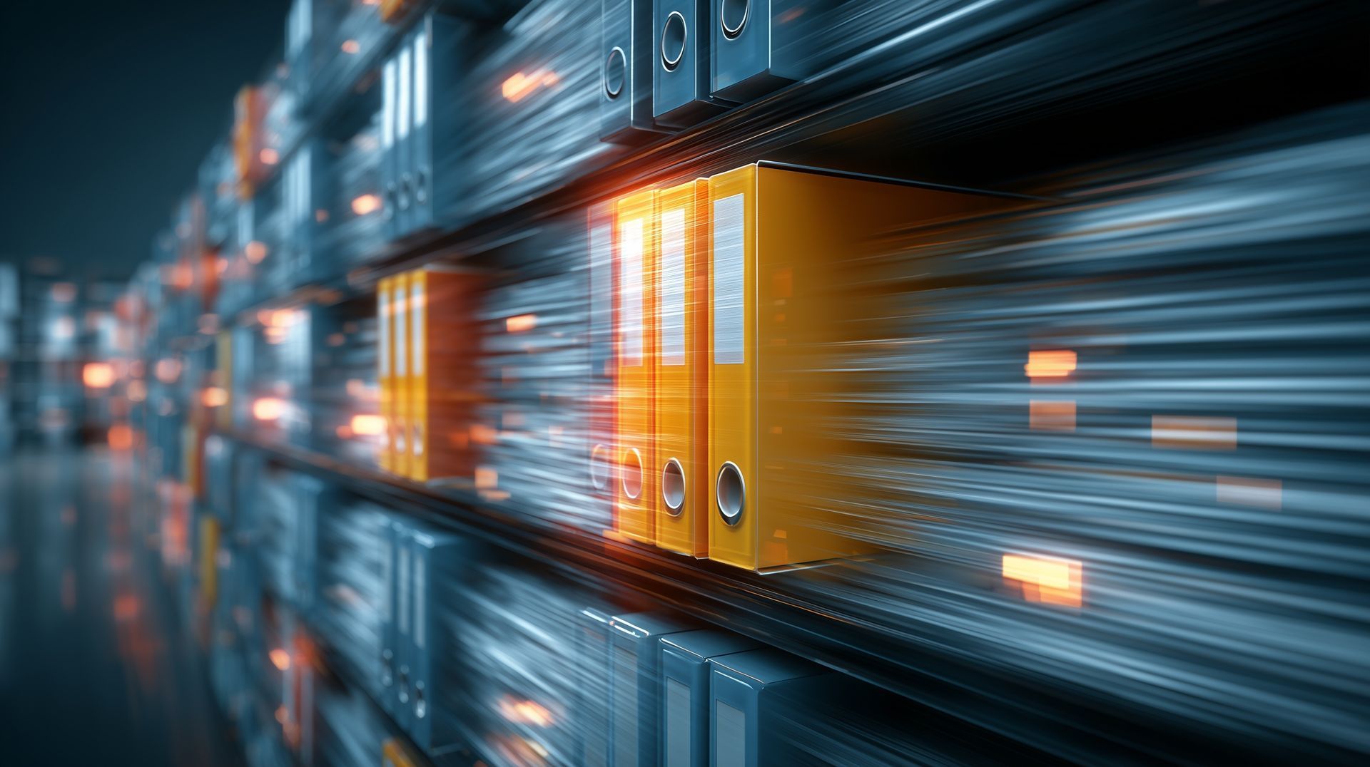 Rangées de dossiers dans une salle de stockage, certains orangés, effet de flou de mouvement.