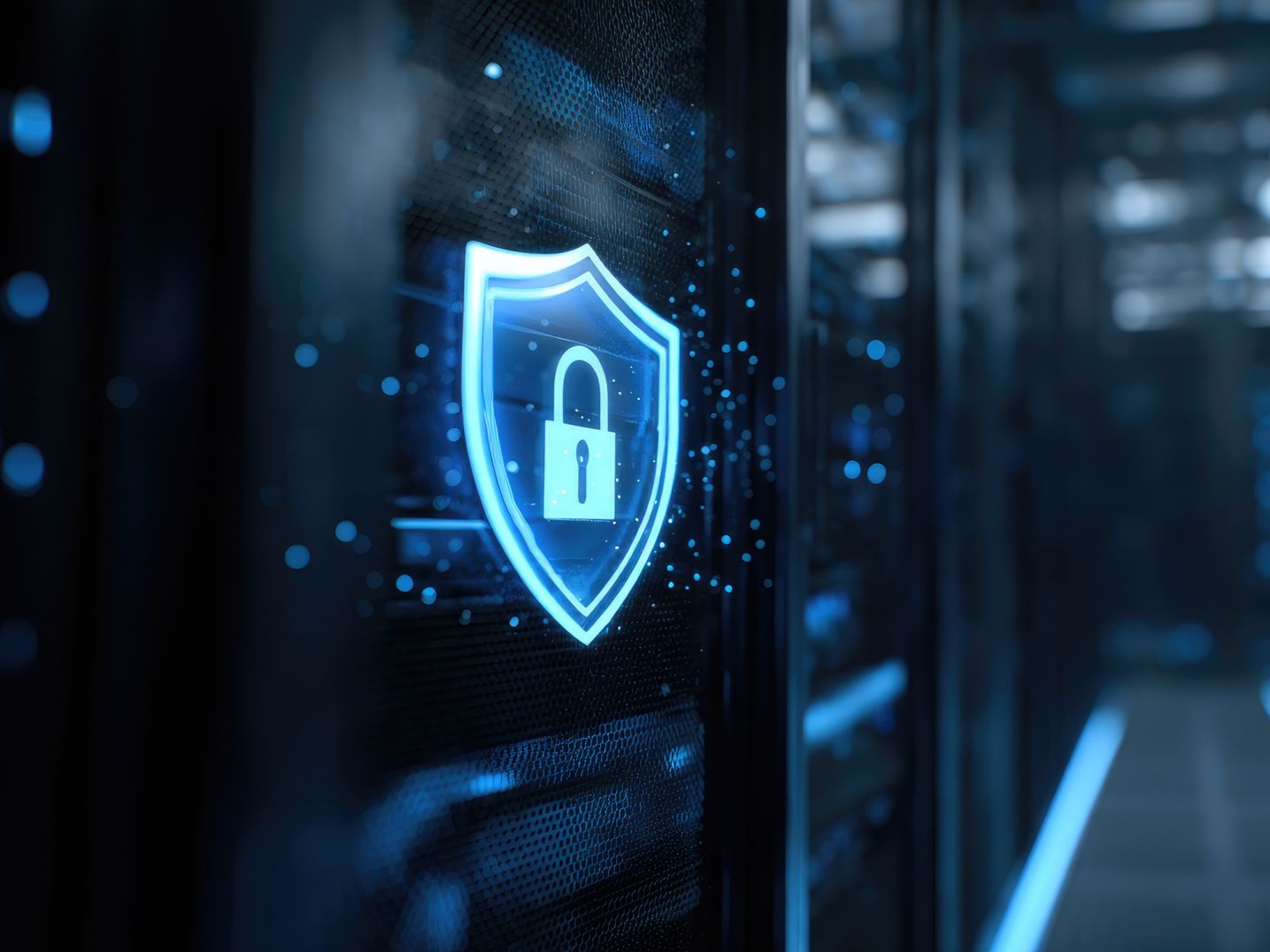Icône de bouclier bleu lumineux avec un cadenas superposé à une salle de serveurs, symbolisant la cybersécurité.