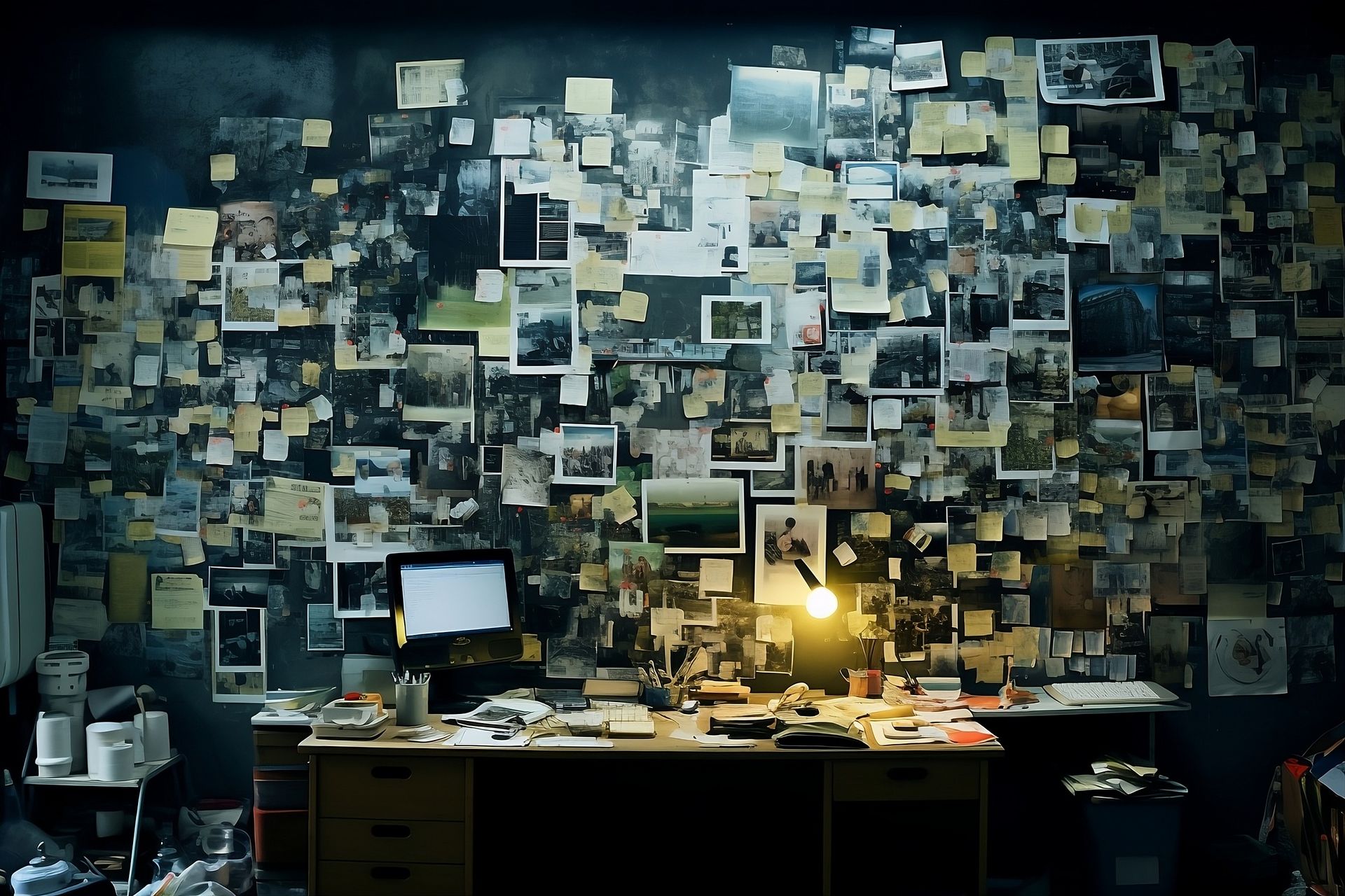 Un bureau encombré de photos et de notes sous un mur de photos punaisées et de post-it, éclairé par une lampe de bureau.