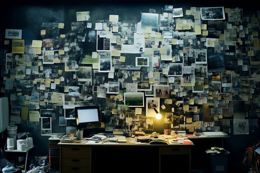 Un mur recouvert de photos et de post-it au-dessus d'un bureau encombré avec une lampe allumée.