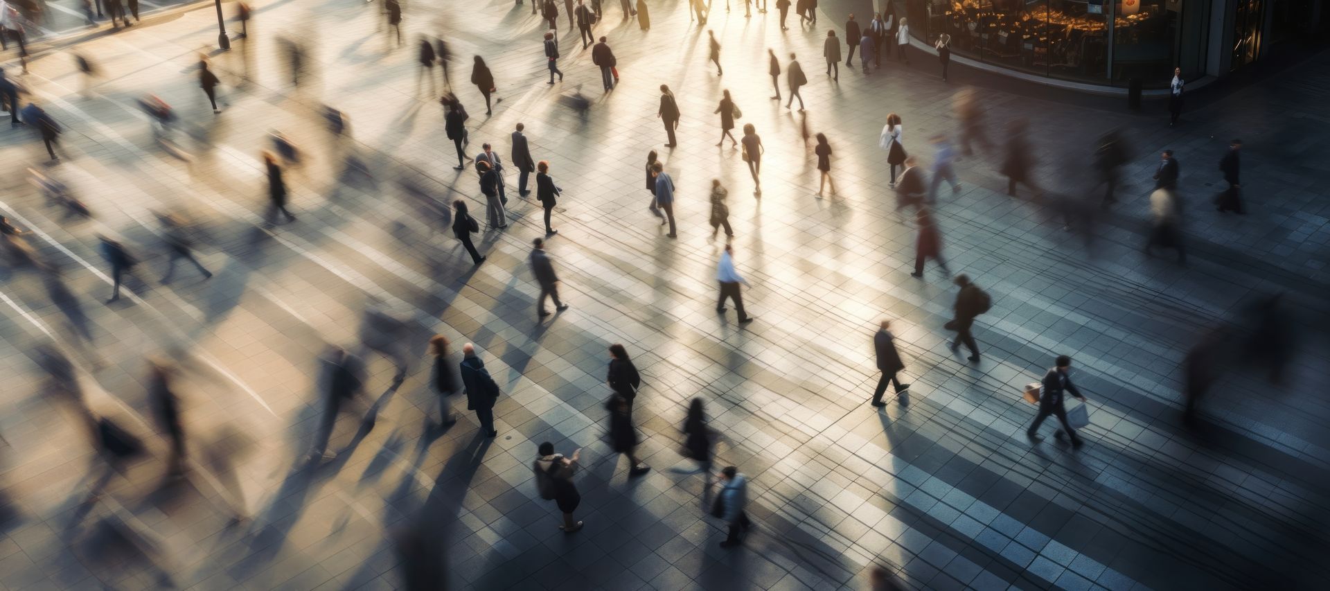 Vue aérienne d'une foule de personnes marchant dans une rue de la ville, de longues ombres projetées par la lumière du soleil.