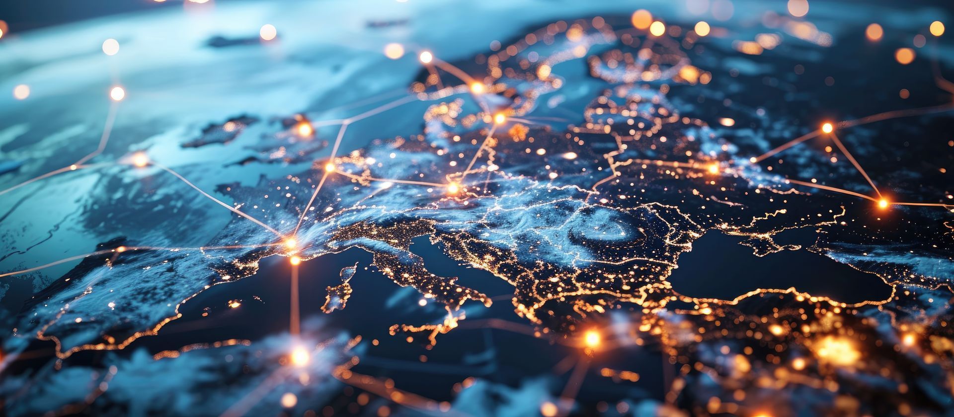 Vue nocturne de l'Europe avec des lignes lumineuses représentant les connexions de données.