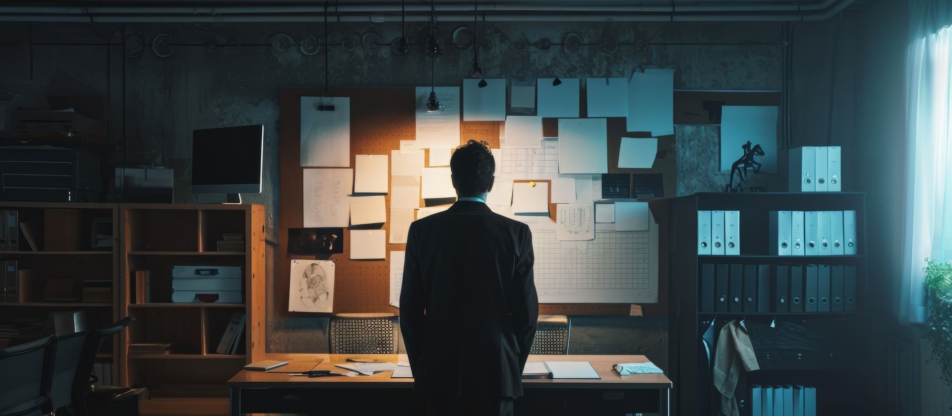 Un homme en costume se tient devant un tableau d'affichage recouvert de papiers, dans un bureau faiblement éclairé.