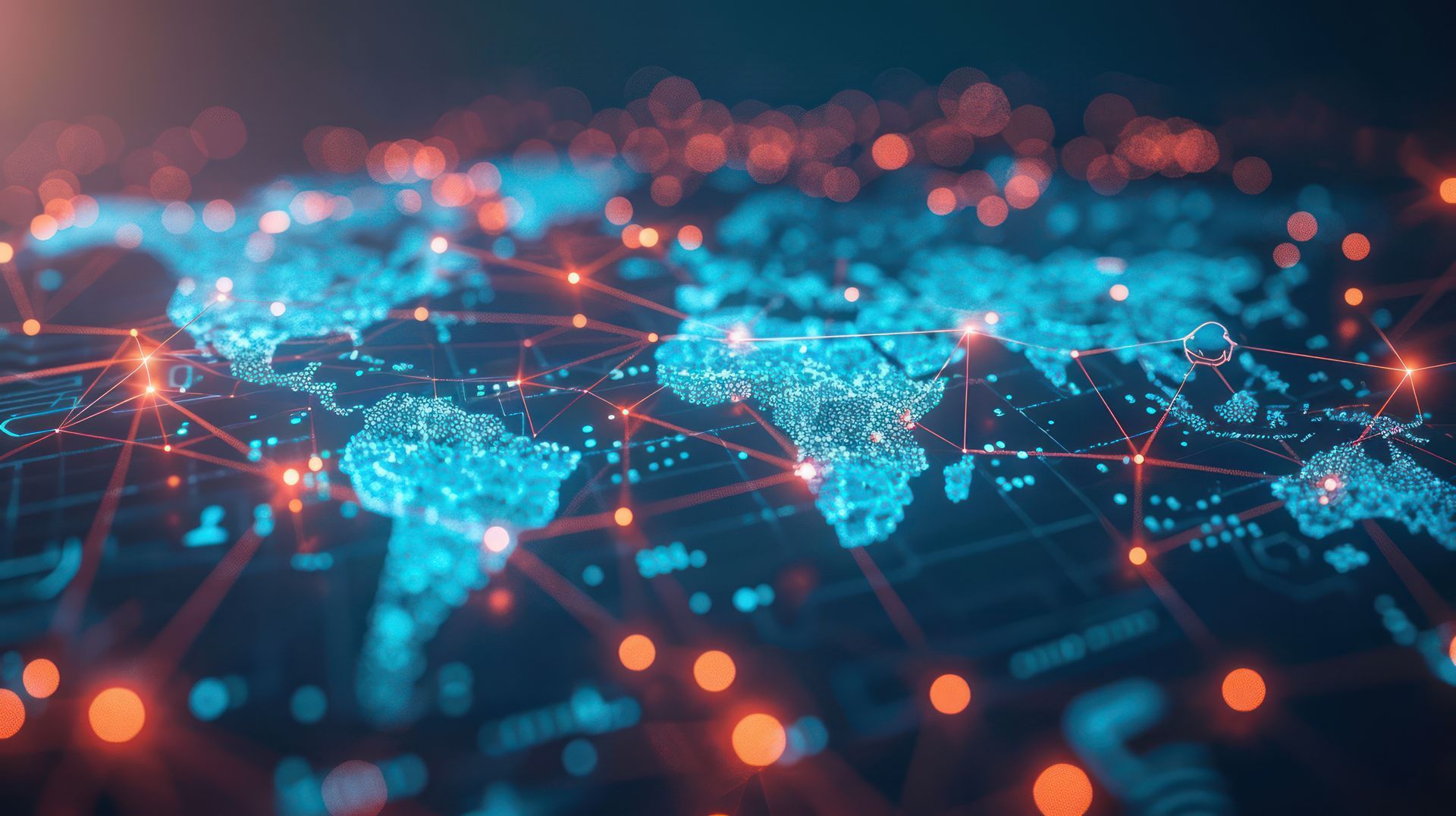 Carte du monde rendue en bleu, avec des points et des lignes orange interconnectés, suggérant un réseau de données.