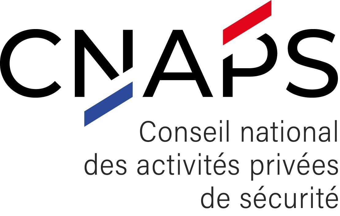 Logo CNAPS avec texte noir et lignes bleues et rouges obliques.
