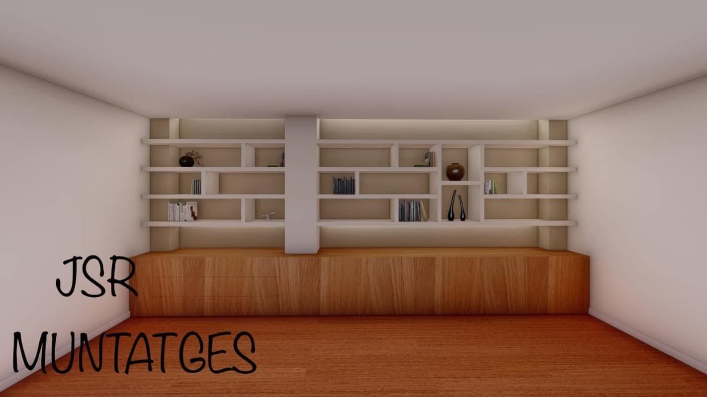 Habitación minimalista con estantes blancos, banco de madera y el texto “JSR MUNTATGES” a la izquierda.