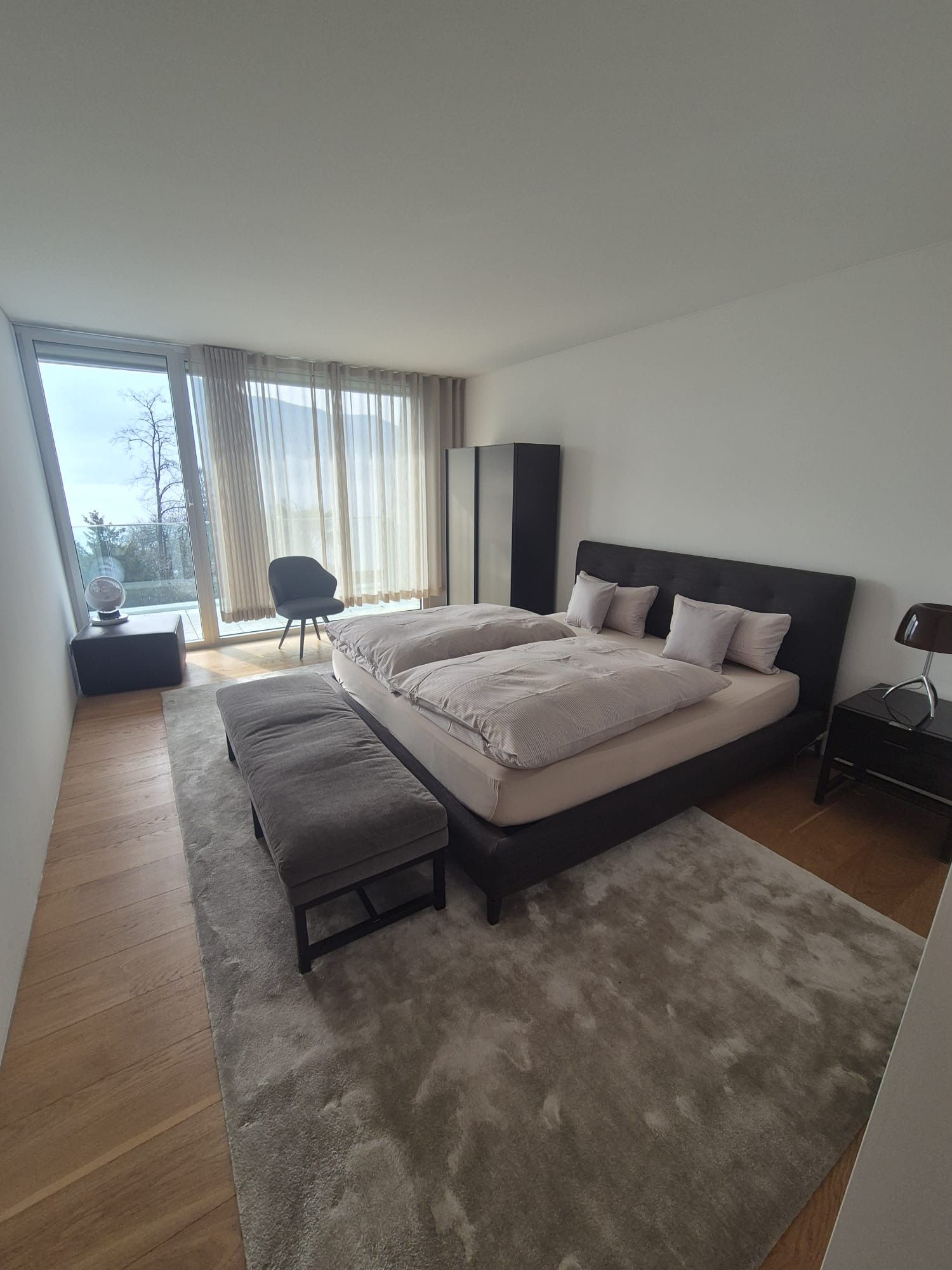 Camera da letto moderna con letto grande, tappeto grigio, panca, armadio e finestre.