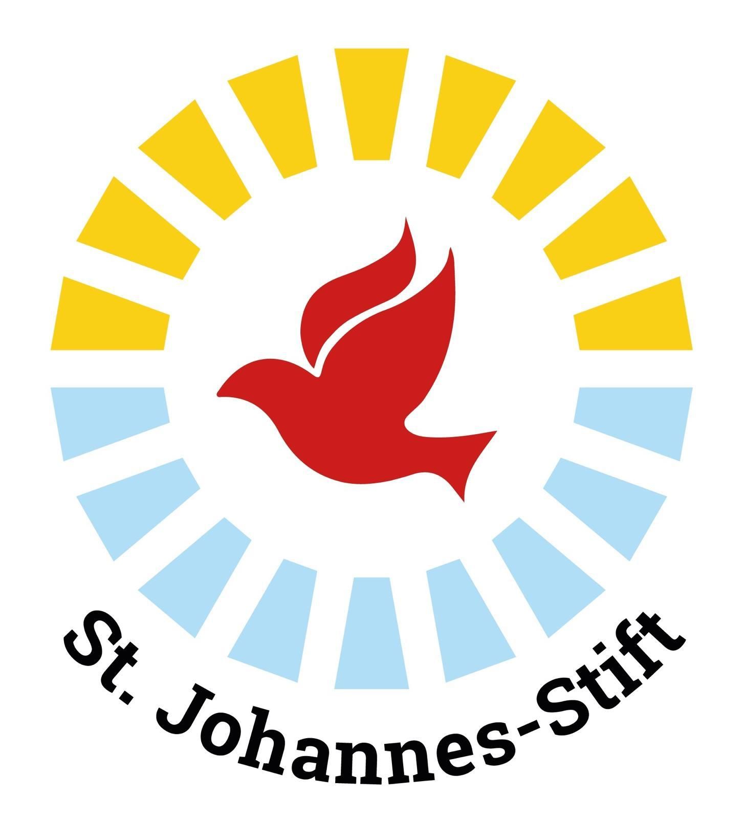 Logo des St. Johannes-Stifts mit roter Taube, gelb-blauem Strahlenkranz und geschwungenem Schriftzug