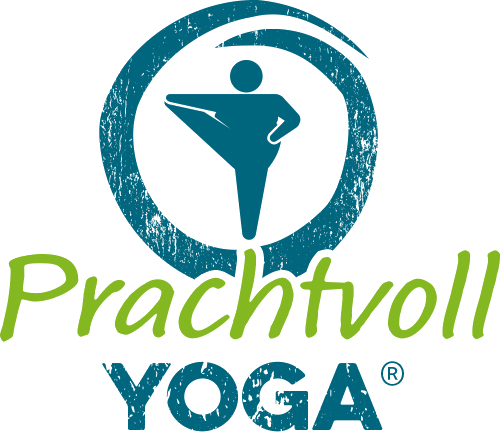 Logo einer Person in Yoga-Pose in einem türkisfarbenen Kreis. Text: Prachtvoll YOGA in Grün und Blau.